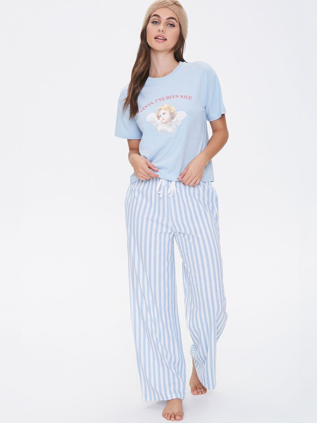 

FOREVER 21 Women Blue & White Pure Cotton Printed Night suit