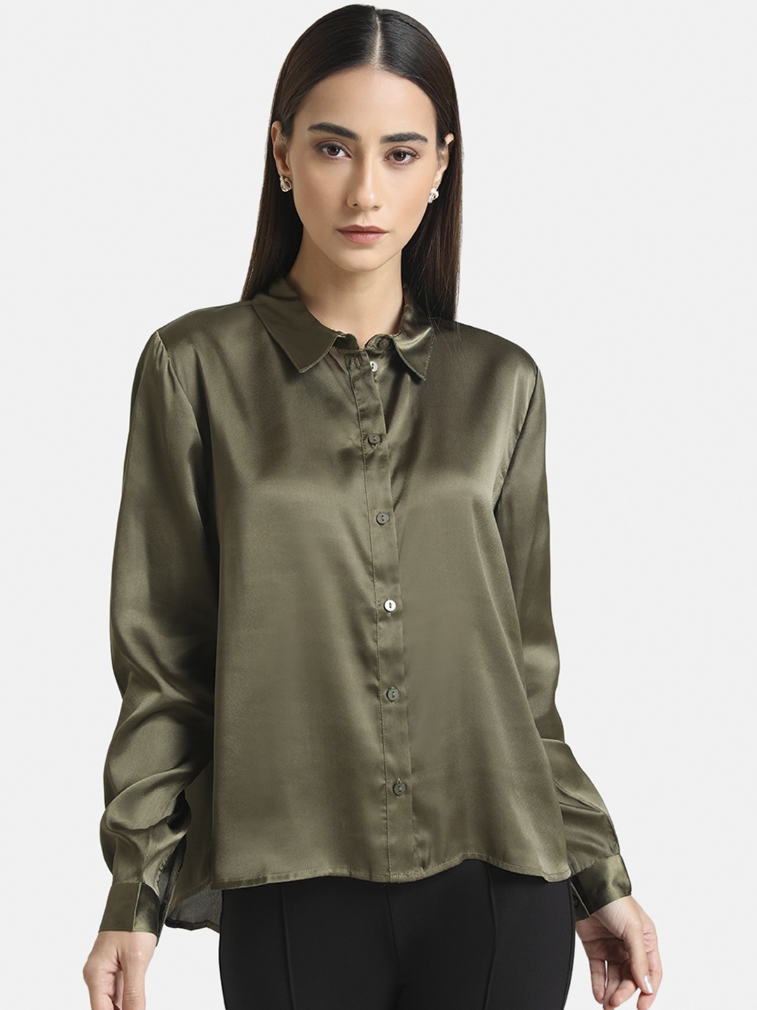 

Kazo Women Olive Green Opaque Casual Shirt