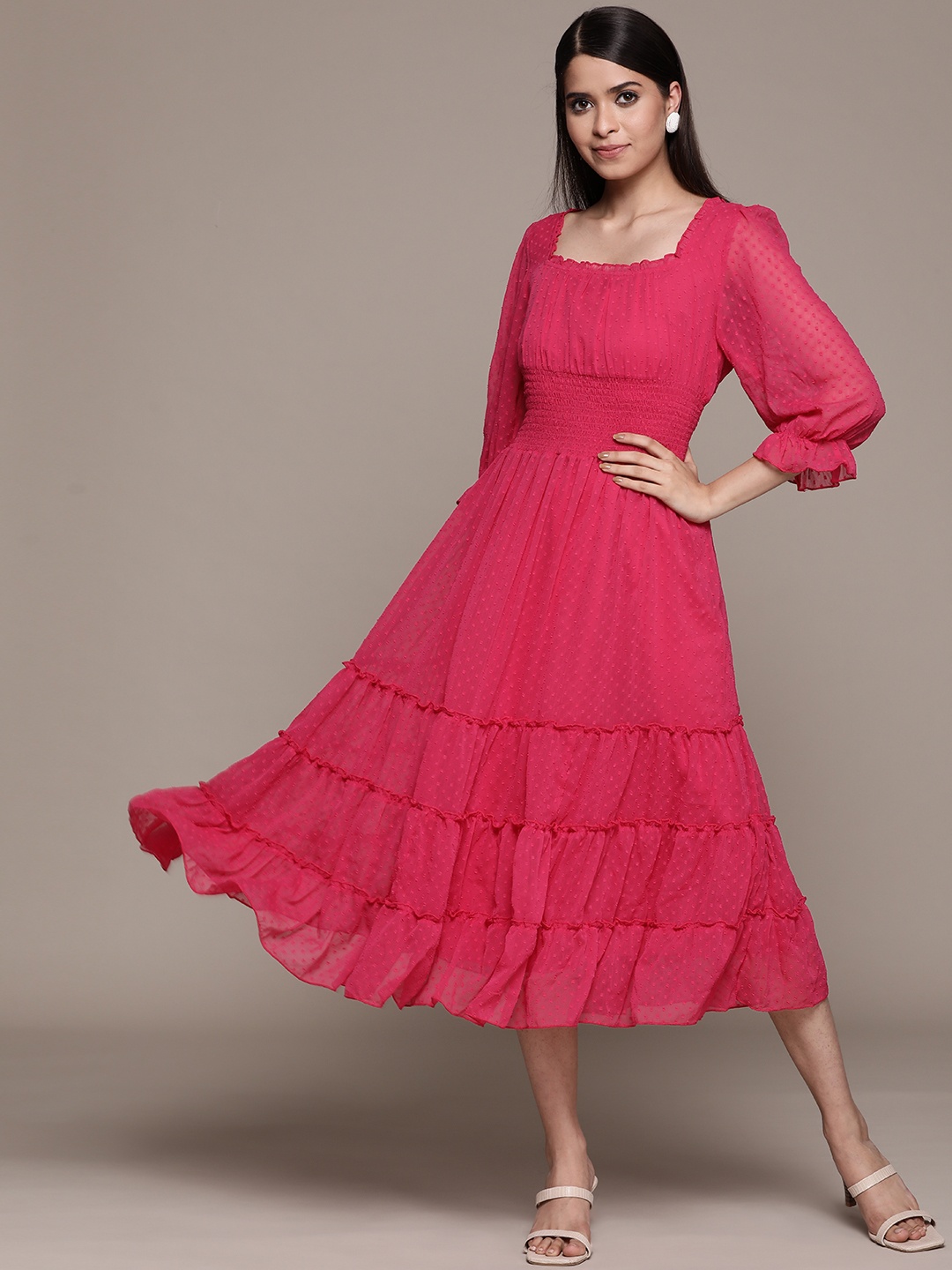 

Antheaa Fuchsia Solid Chiffon Smocked Tiered Midi Dress