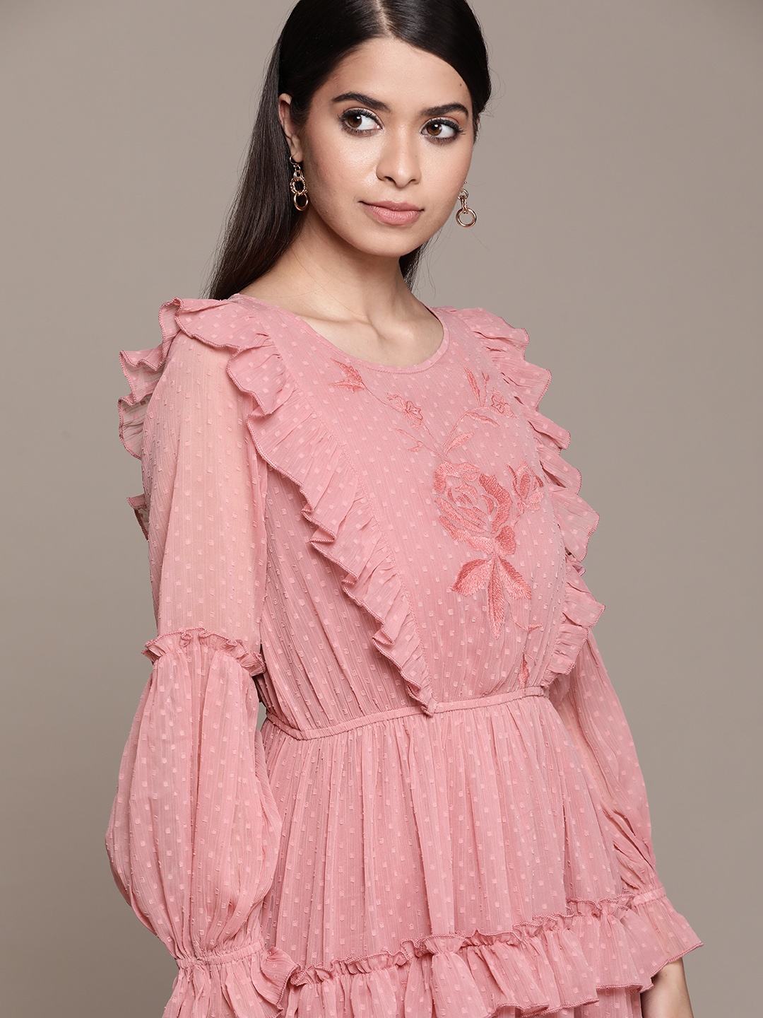 

Antheaa Pink Floral Embroidered Tiered Chiffon Dress
