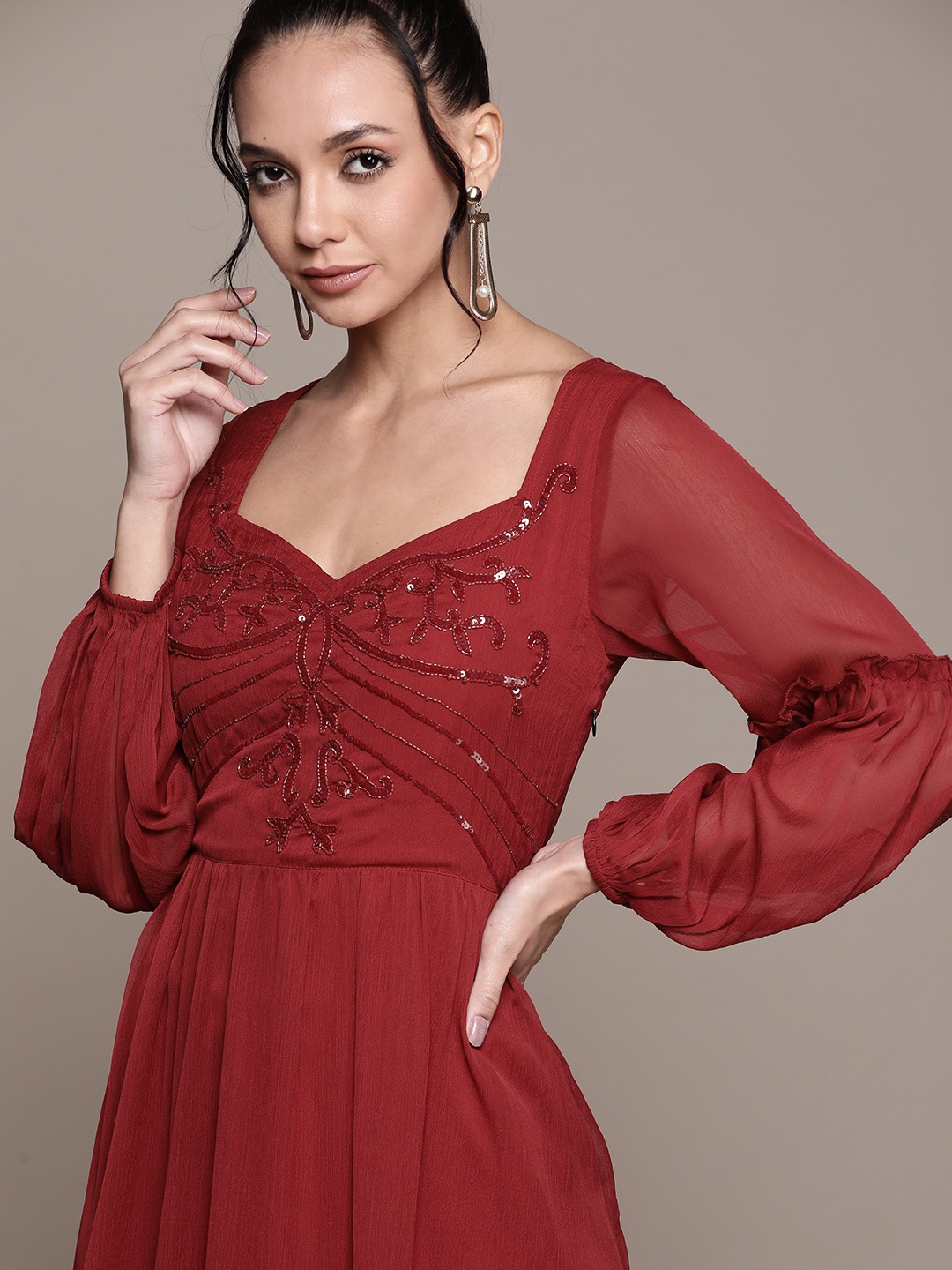 

Antheaa Maroon Embellished Tiered Chiffon Maxi Dress