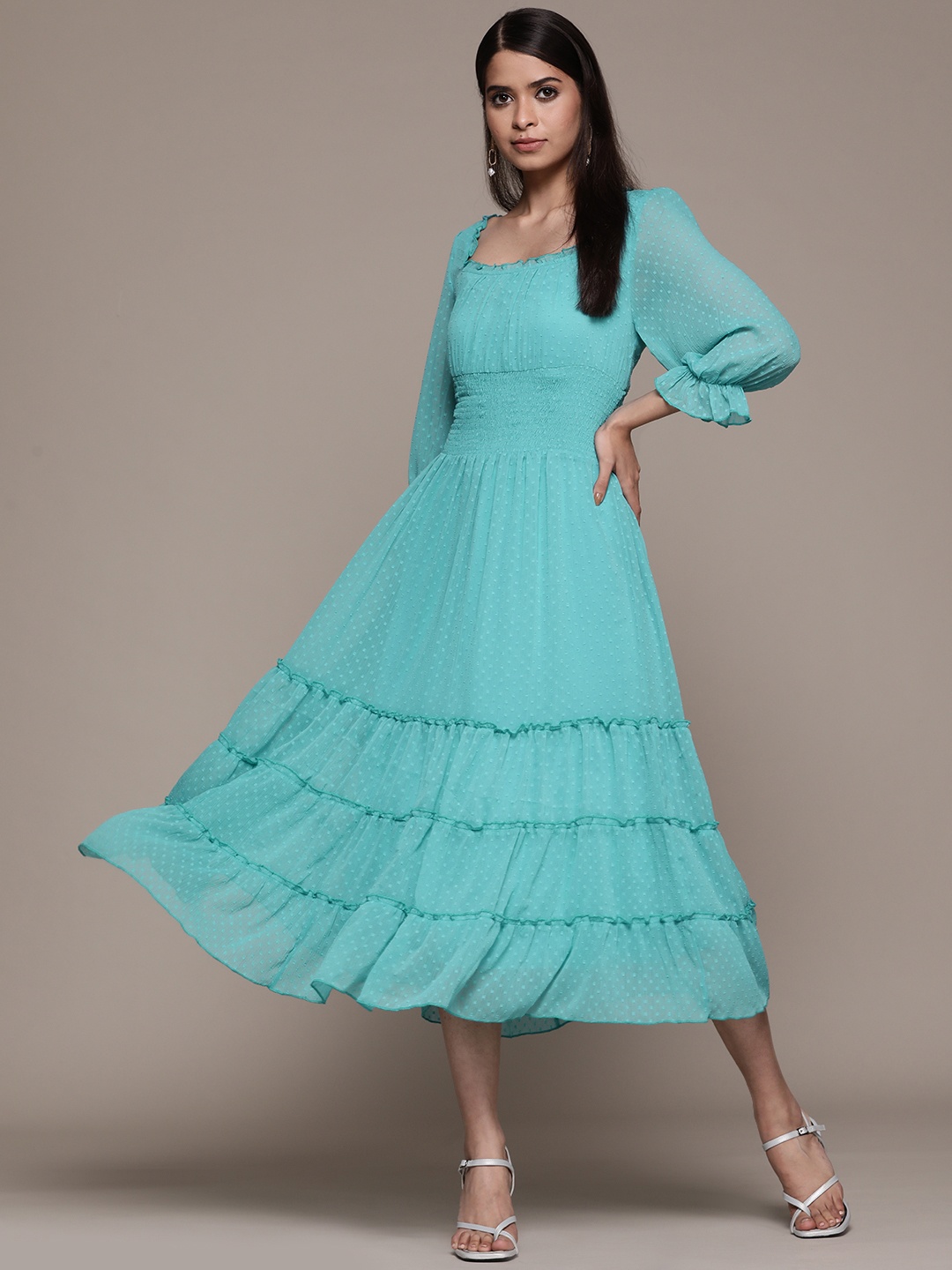

Antheaa Turquoise Blue Smocked Tiered Chiffon Midi Dress