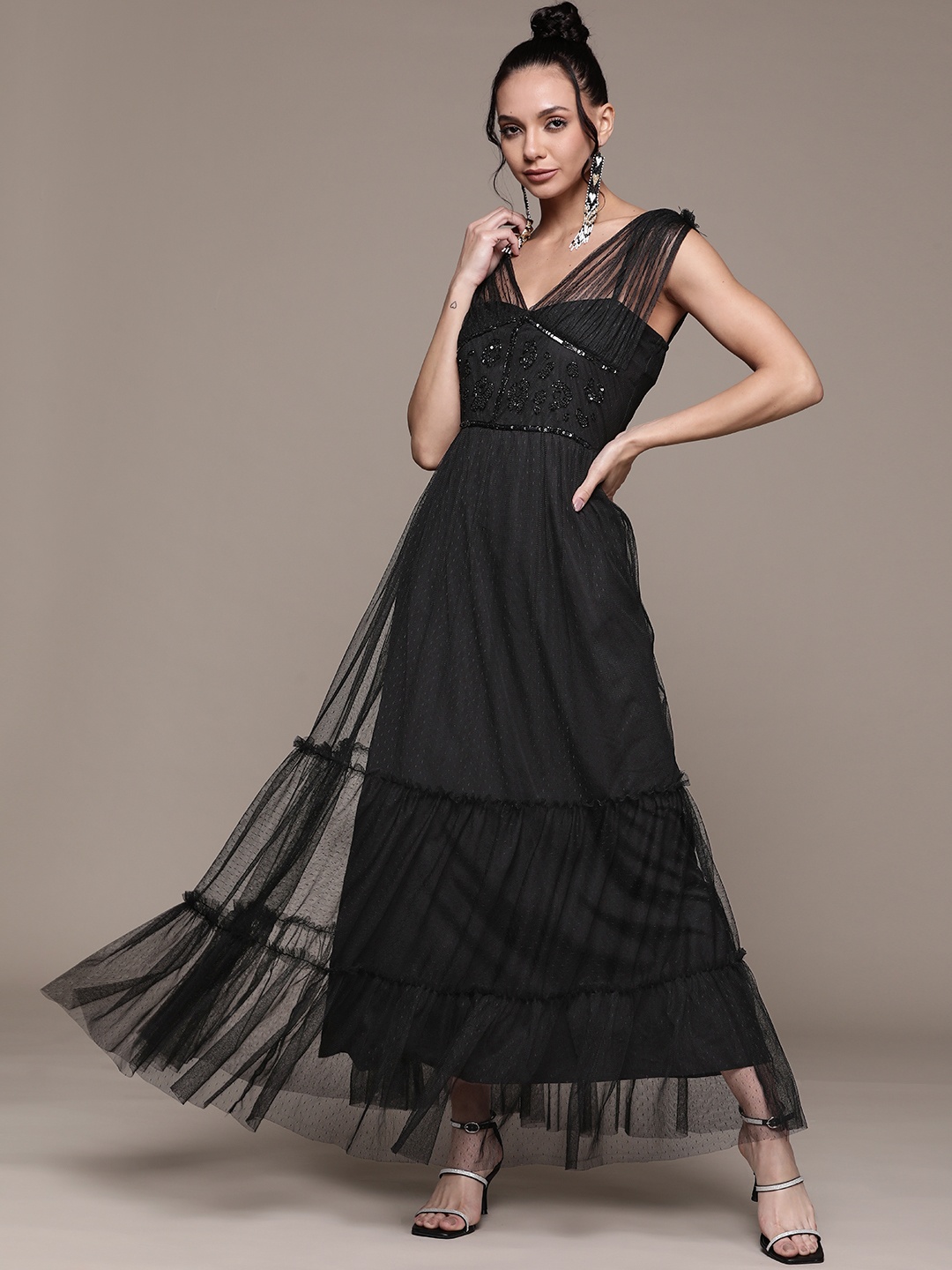 

Antheaa Black Ruched Embellished Net Maxi Dress