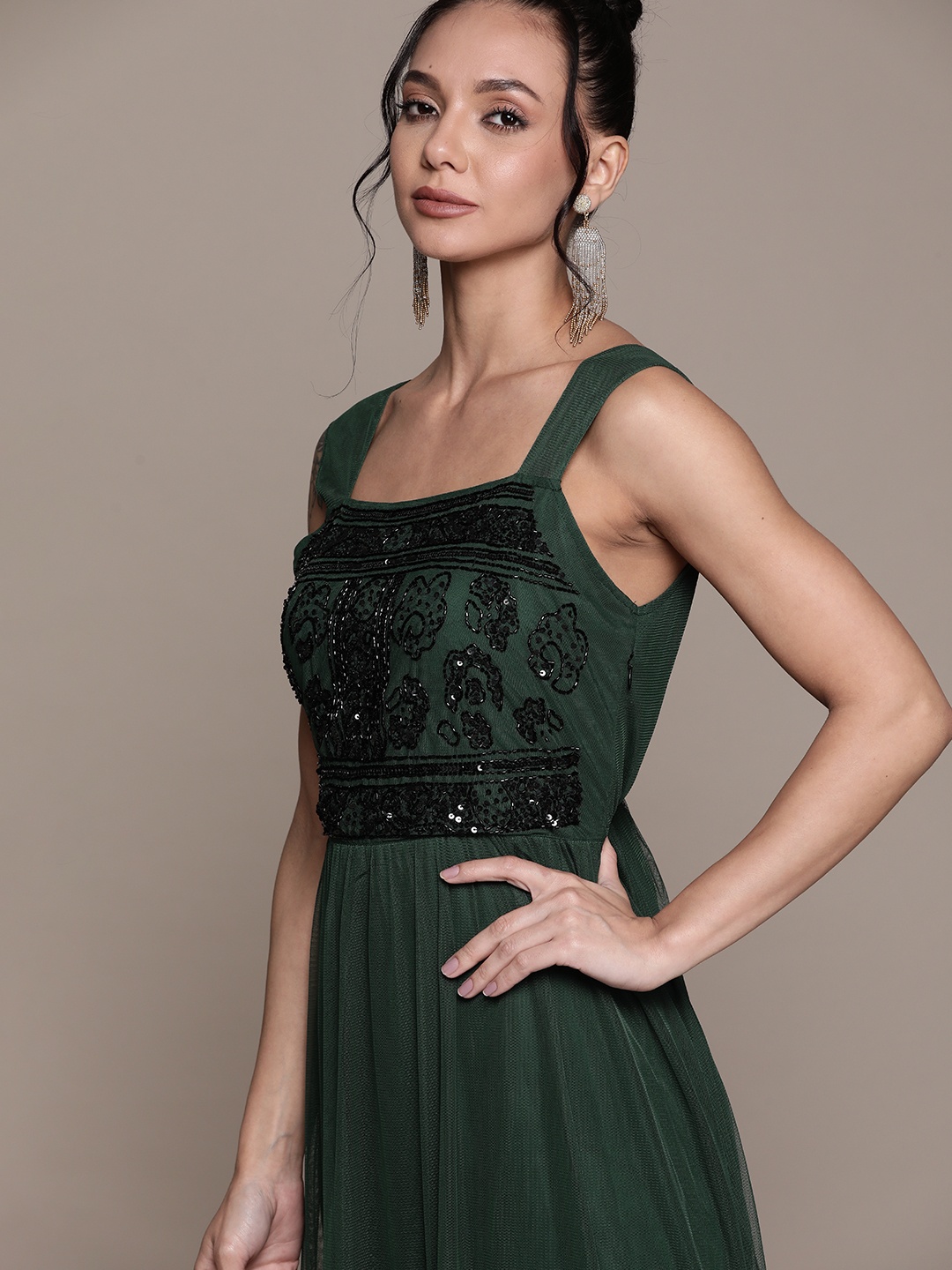 

Antheaa Green Embellished Net Tiered Maxi Dress