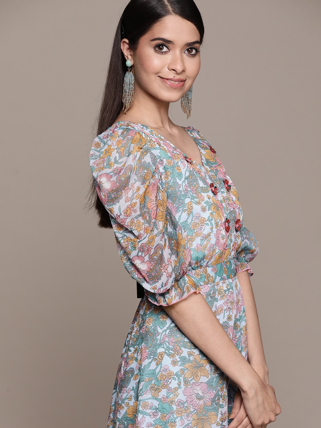 

Antheaa Blue & Pink Floral Printed Embellished Chiffon Maxi Dress