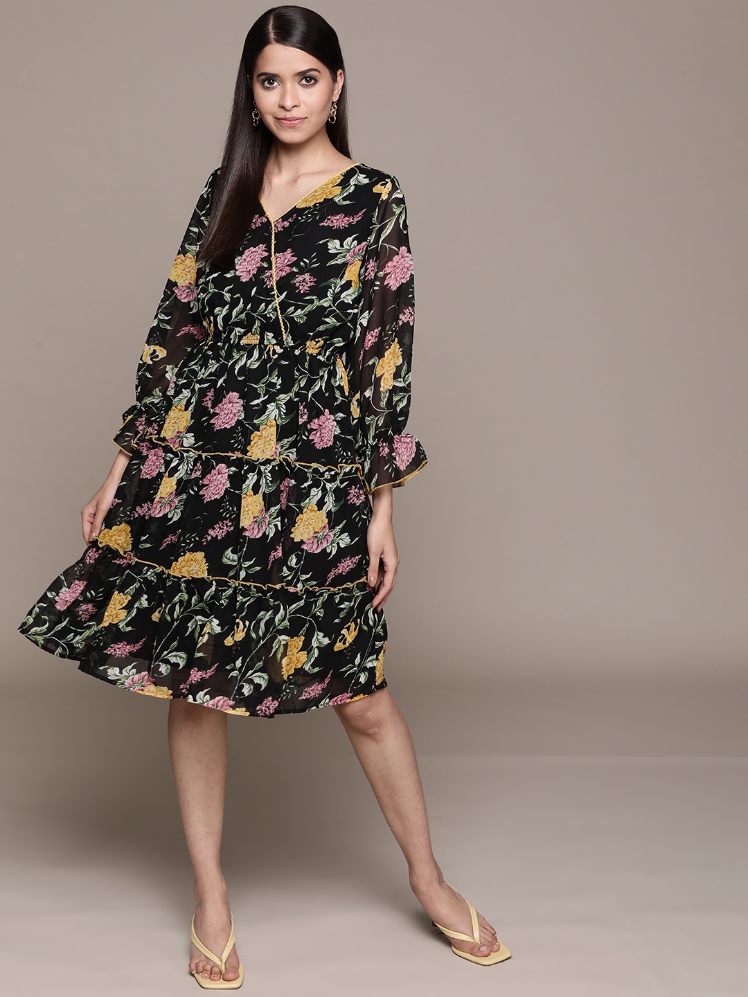 

Antheaa Black & Yellow Floral Chiffon Wrap Dress
