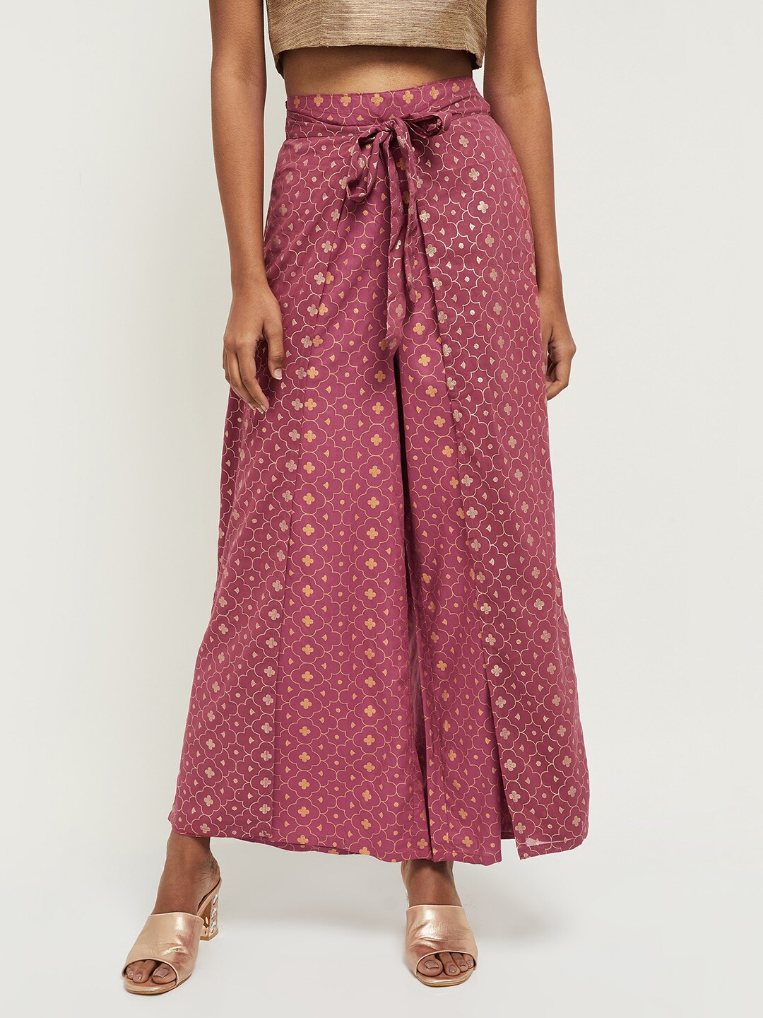 

max Women Pink & Beige Floral Printed Flared Palazzos