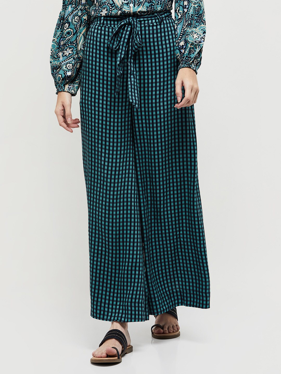 

max Women Turquoise Blue & Black Checked Palazzos