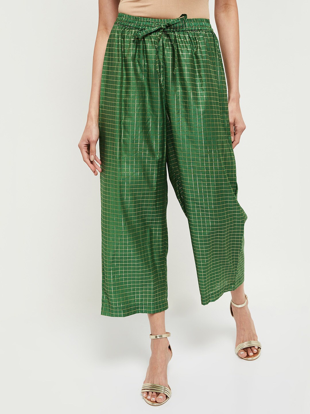 

max Women Green & Gold-Toned Checked Ethnic Palazzos
