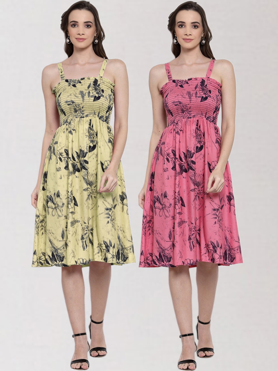 

KLOTTHE Women Set of 2 Multicoloured Floral Fit & Flare Dresses, Multi