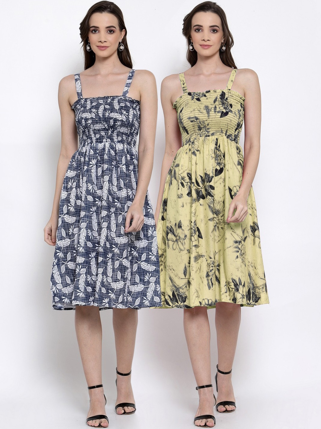 

KLOTTHE Pack Of 2 Navy Blue & Yellow Floral Cotton Dresses