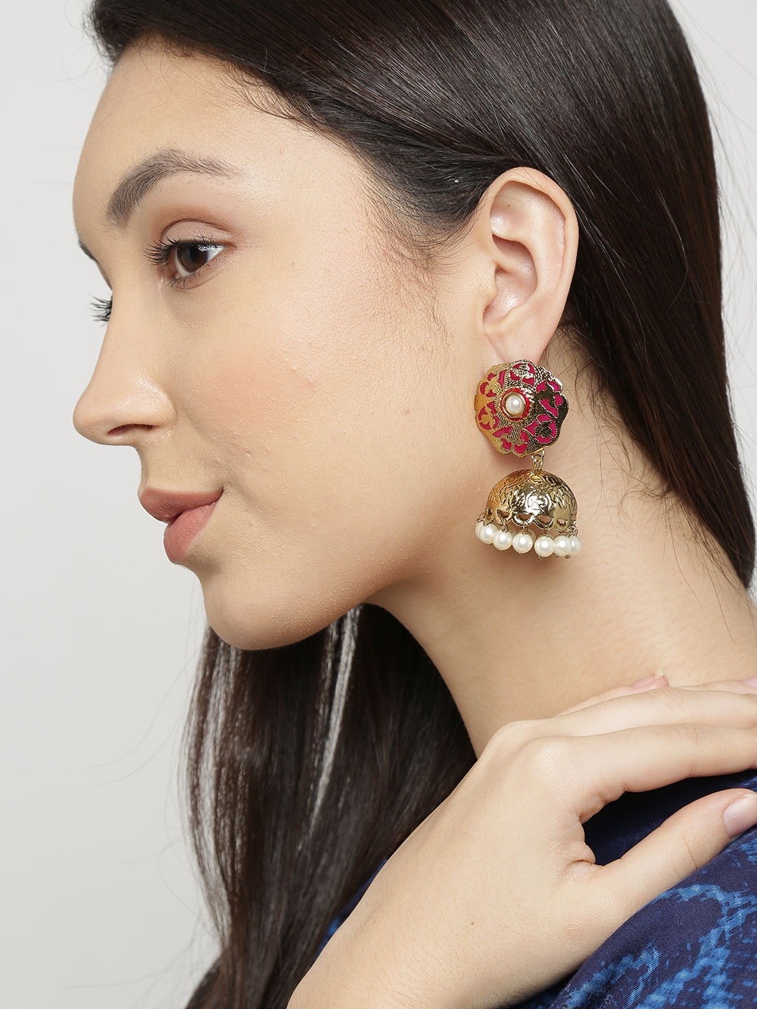 

Fida Gold-Toned & Pink Textured Jhumka Earrings