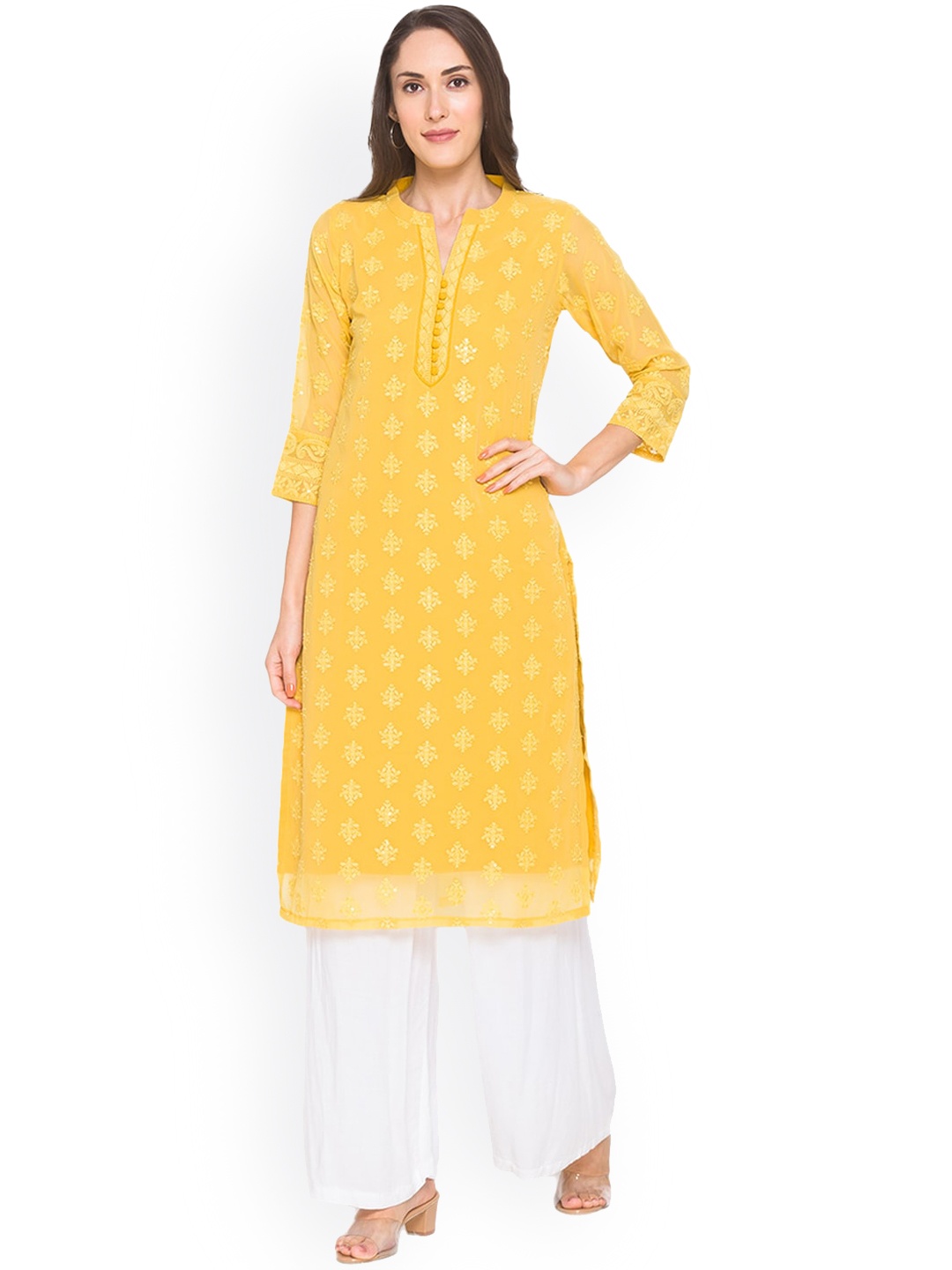 

ZOLA Women Yellow Ethnic Motifs Embellished Thread Work Georgette Kurta