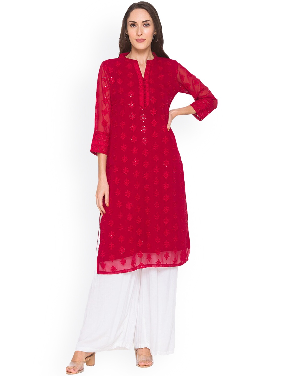 

ZOLA Women Maroon Floral Embroidered Thread Work Georgette Kurta