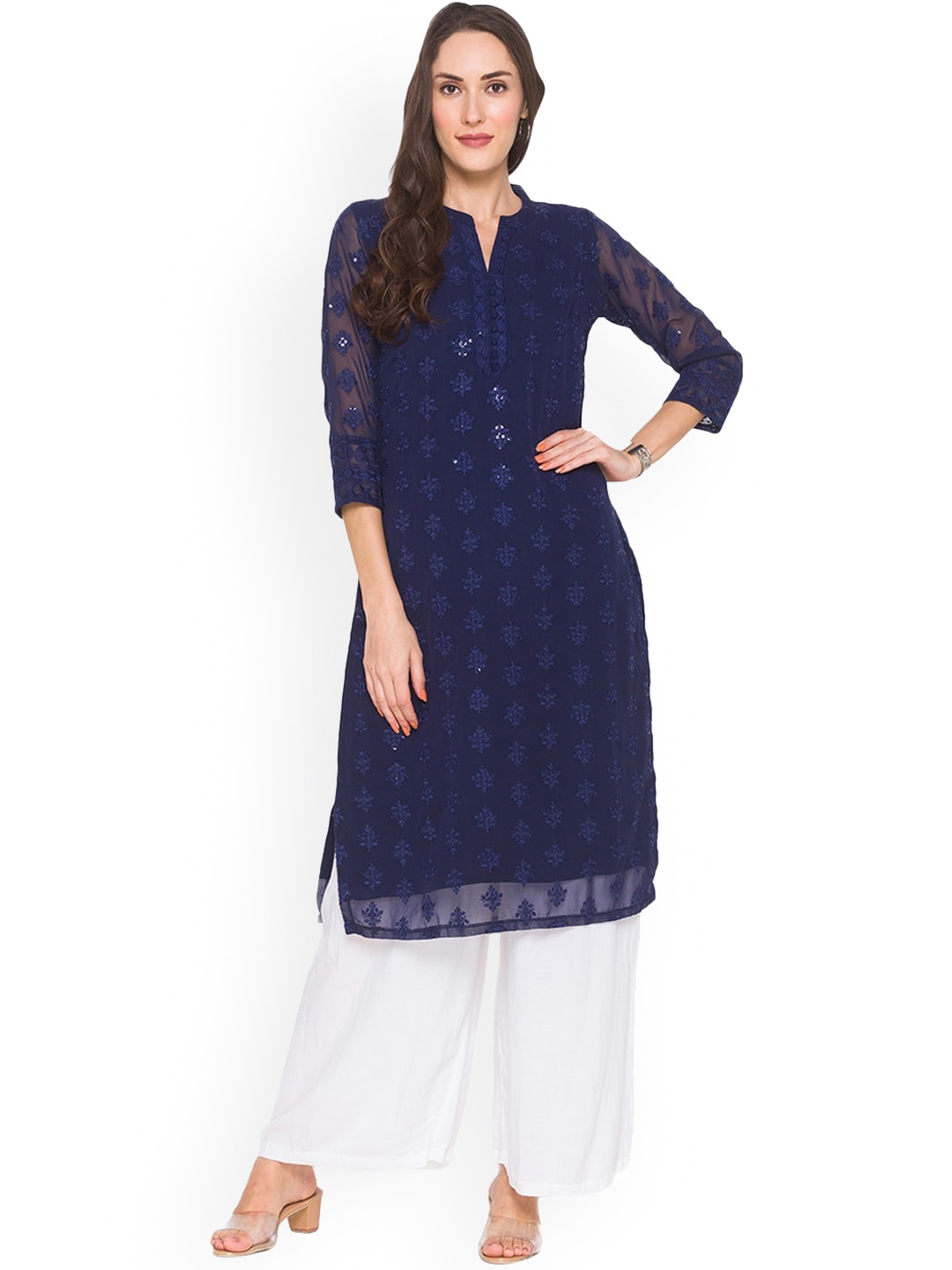 

ZOLA Women Navy Blue Floral Embroidered Lucknowi Chikankari Georgette Straight Kurta