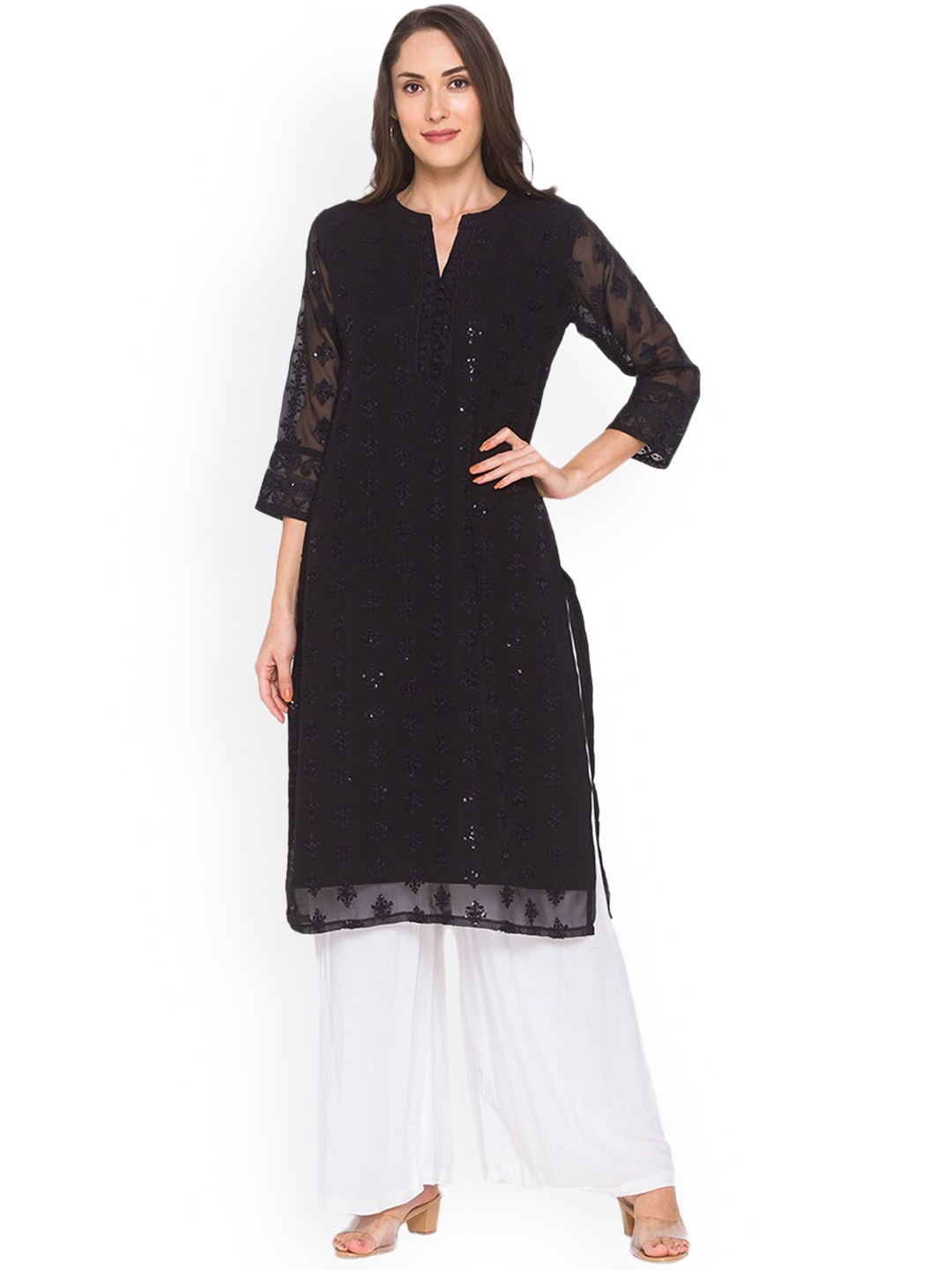 

ZOLA Women Black Ethnic Motifs Embroidered Lucknowi Chikankari Georgette Straight Kurta