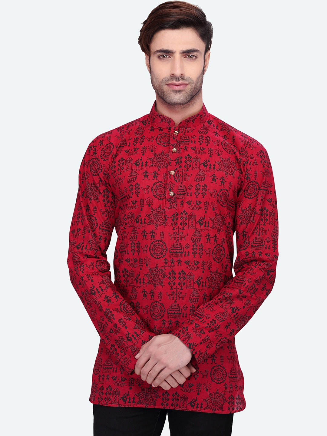 

RG DESIGNERS Men Maroon Tribal Printed Handloom Kurta