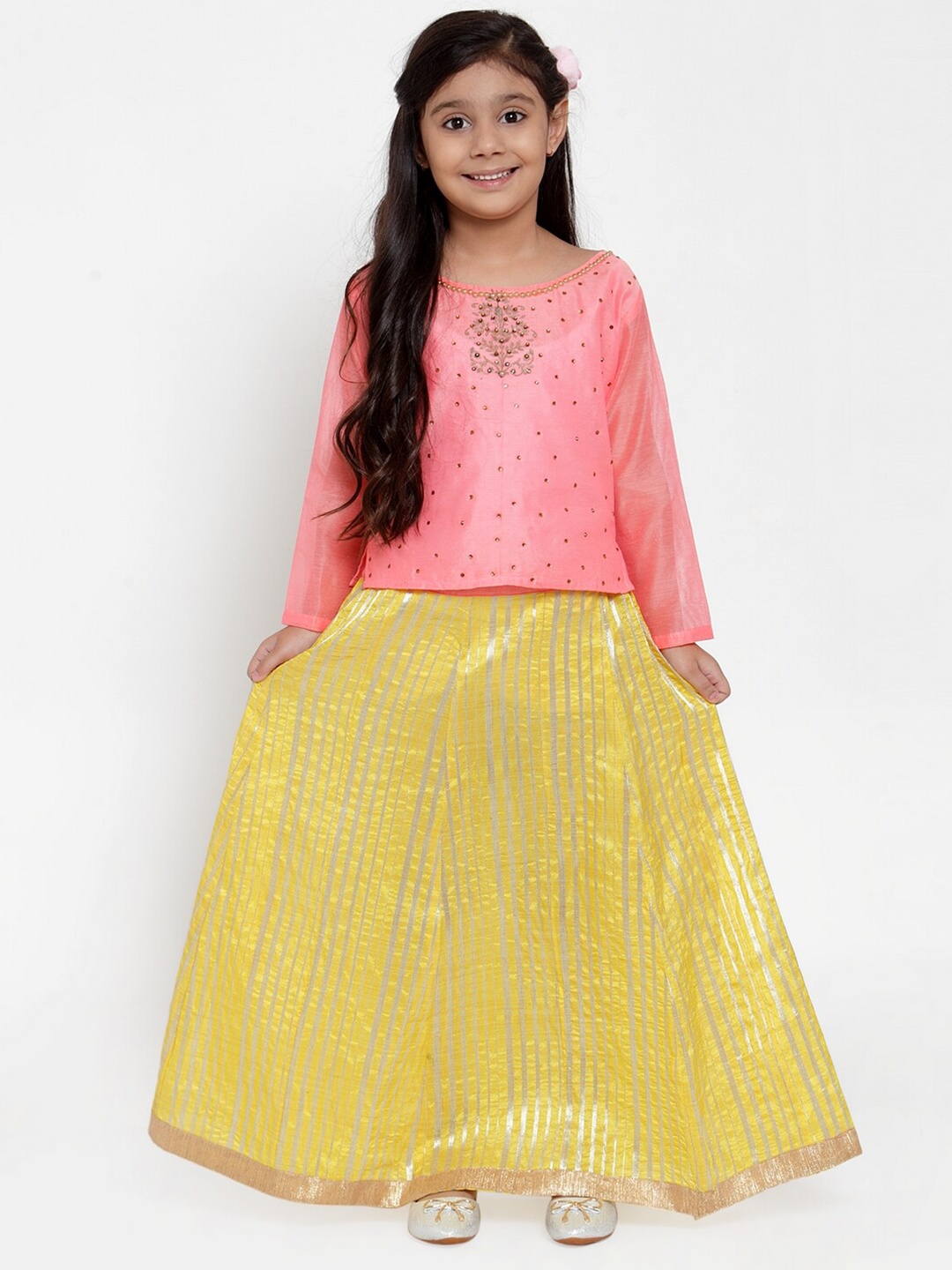 

KYDZI Girls Pink & Yellow Embellished Ready to Wear Lehenga Choli