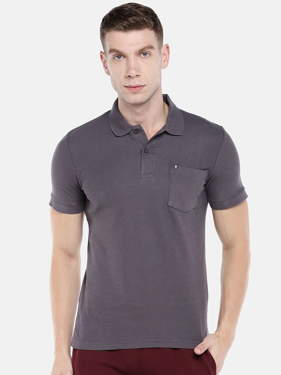 

Sweet Dreams Men Grey Polo Collar Pockets T-shirt