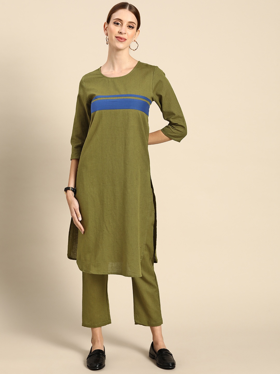 

Anouk Women Olive Green & Blue Striped Kurta with Trousers