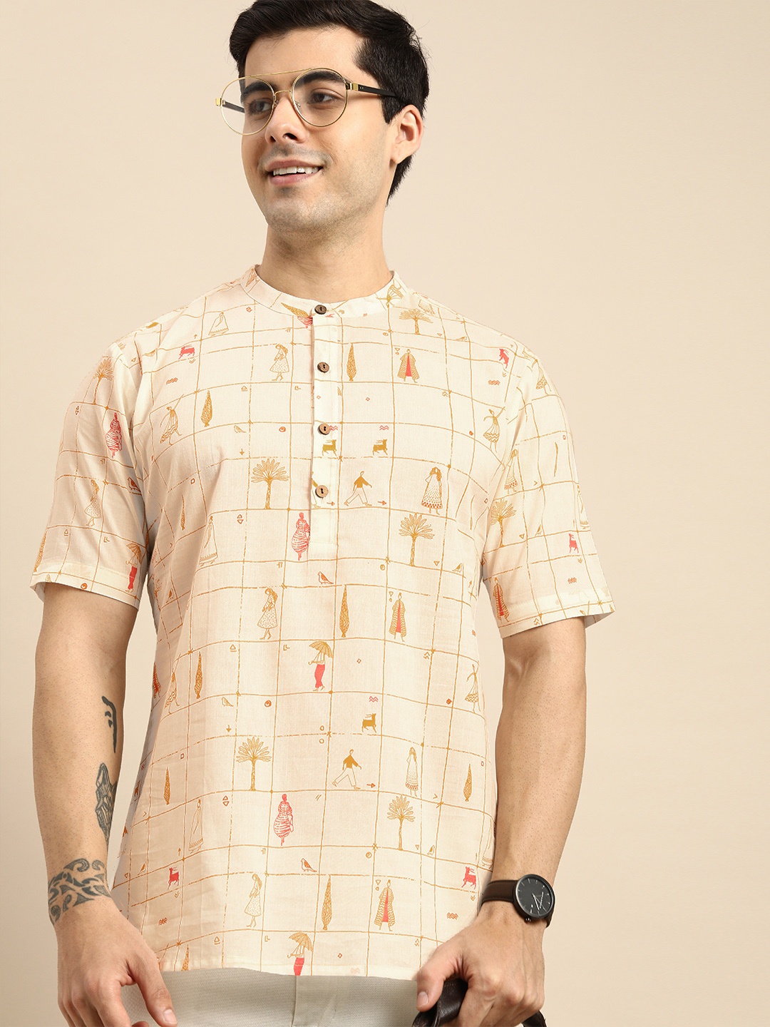 

Anouk Men Off White & Orange Checked Kurta