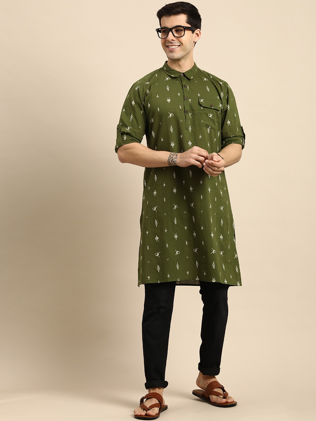 

Anouk Men Olive Green & White Printed Kurta