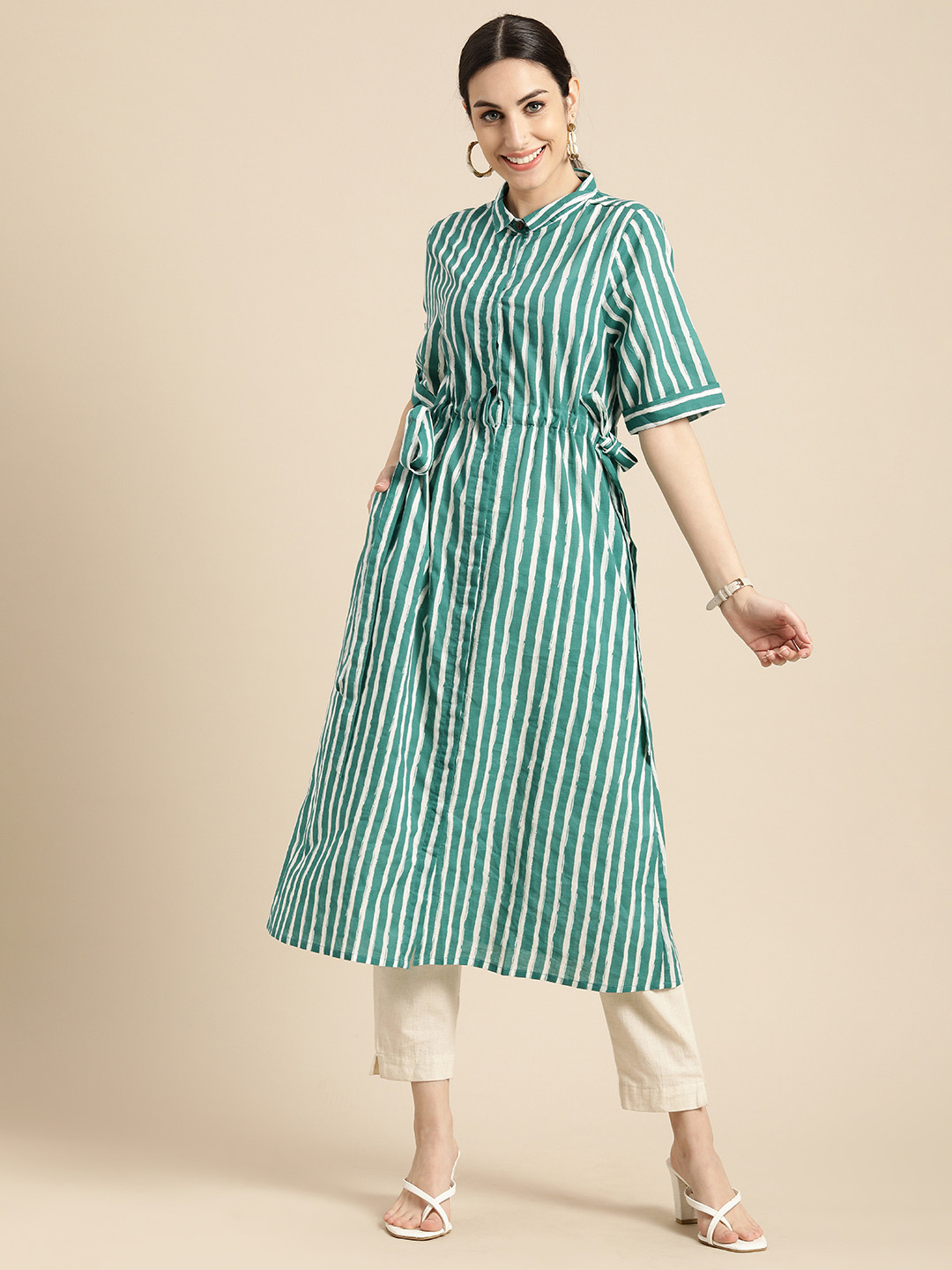 

Anouk Women Teal Green & White Striped Waist Tie-Ups Detail Pure Cotton Kurta