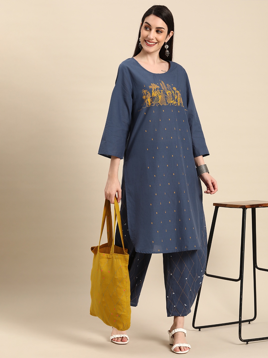 

Anouk Women Navy Blue & Yellow Printed Pure Cotton Kurta with Salwar & Tote bag