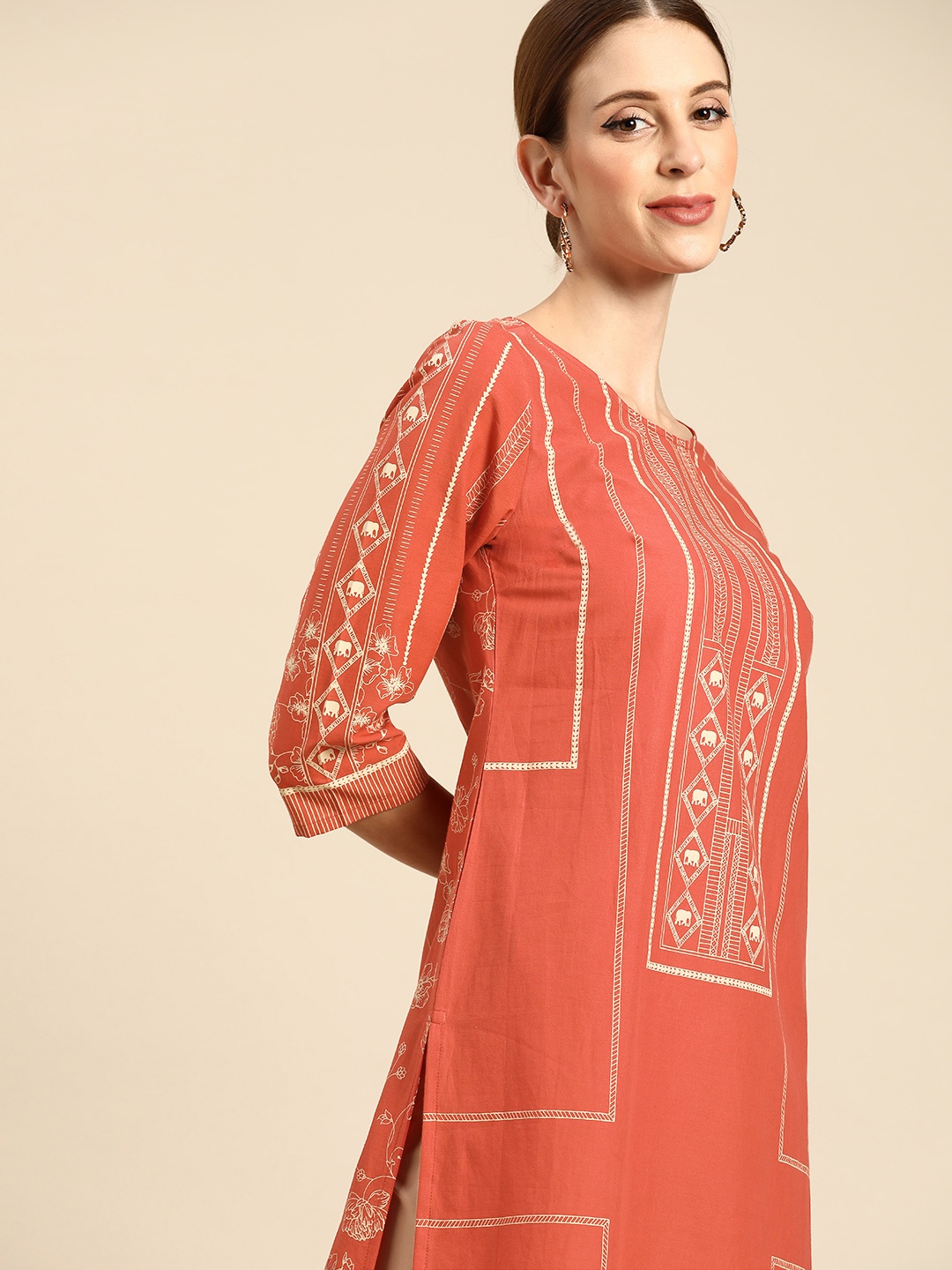 

Anouk Women Rust Orange & Off White Ethnic Motifs Printed Pure Cotton Kurta
