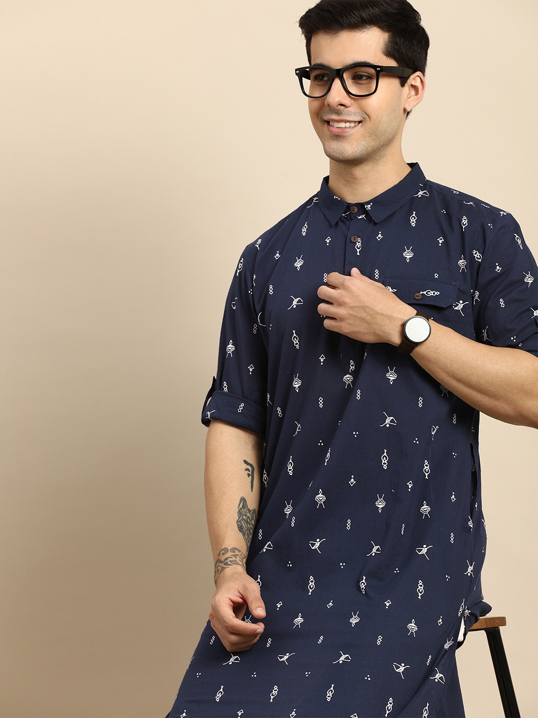 

Anouk Men Navy Blue & White Printed Kurta