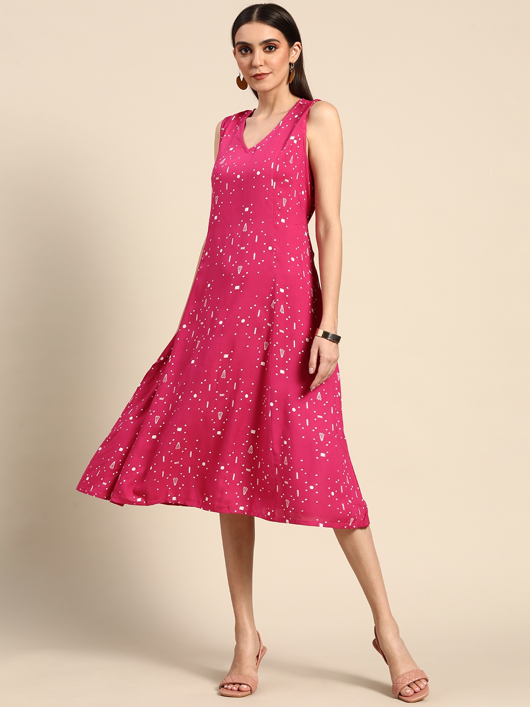

Anouk Women Pink & White Printed A-Line Midi Dress