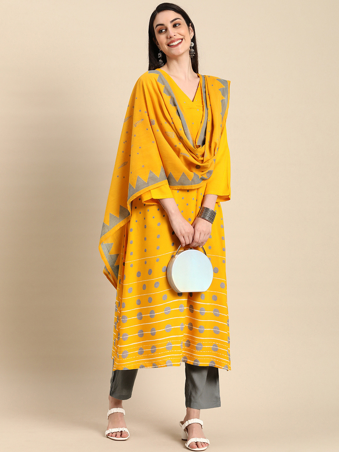 

Anouk Women Mustard Yellow & Grey Printed Kurta with Trousers & Stole