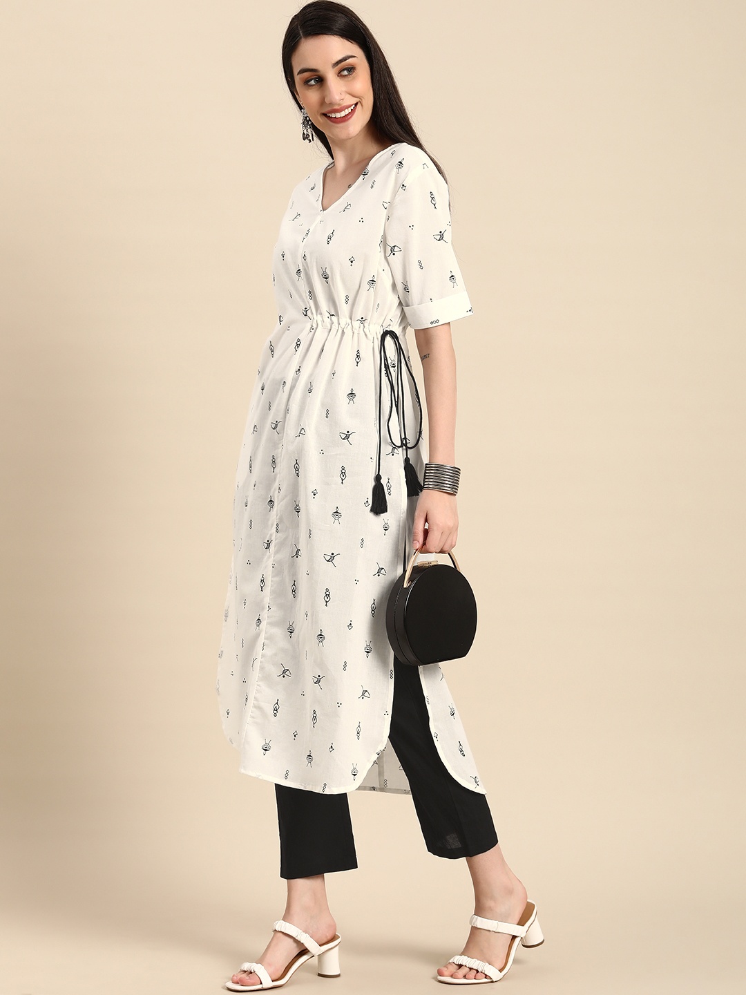 

Anouk Women White & Black Printed Pleated Pure Cotton Kurta with Trousers