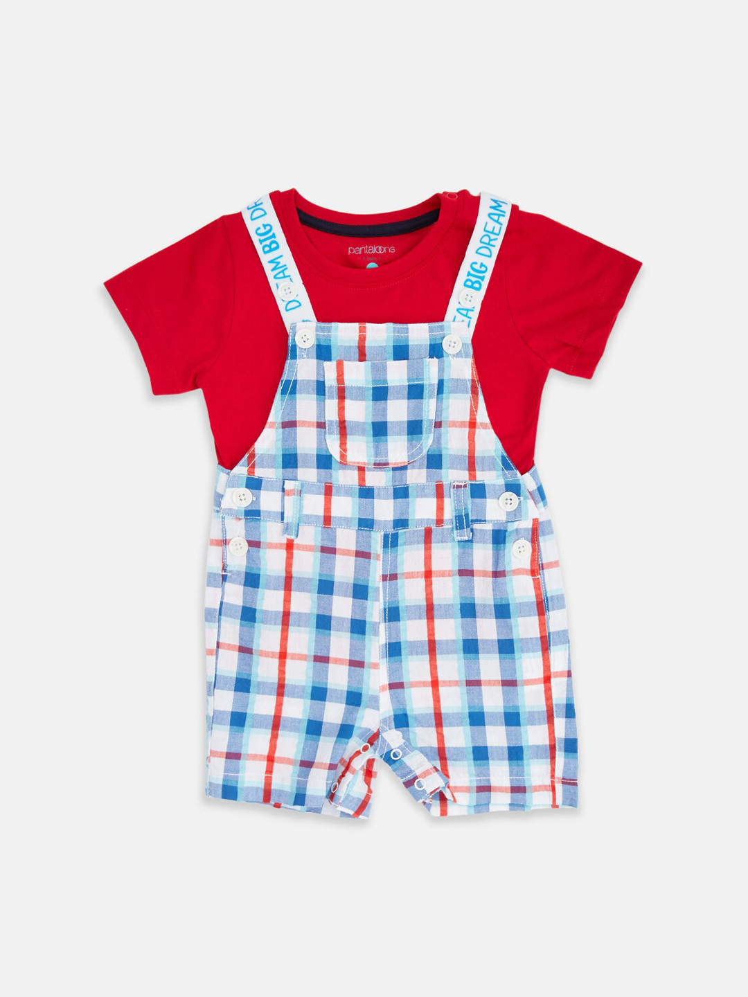 

Pantaloons Baby Infant Boys Red & White Pure Cotton Dungarees