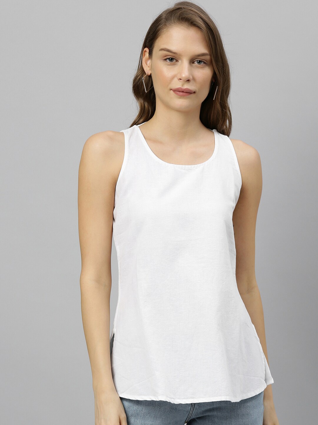 

RAREISM Women White Solid Cotton Tank Top