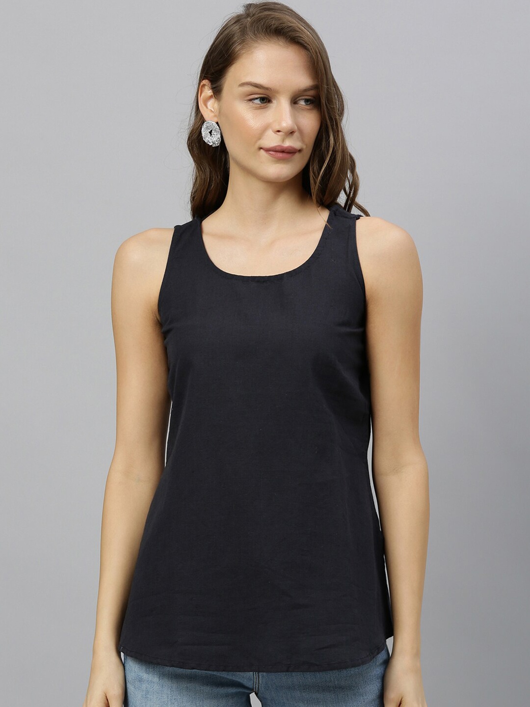 

RAREISM Women Navy Blue Solid Cotton Tank Top
