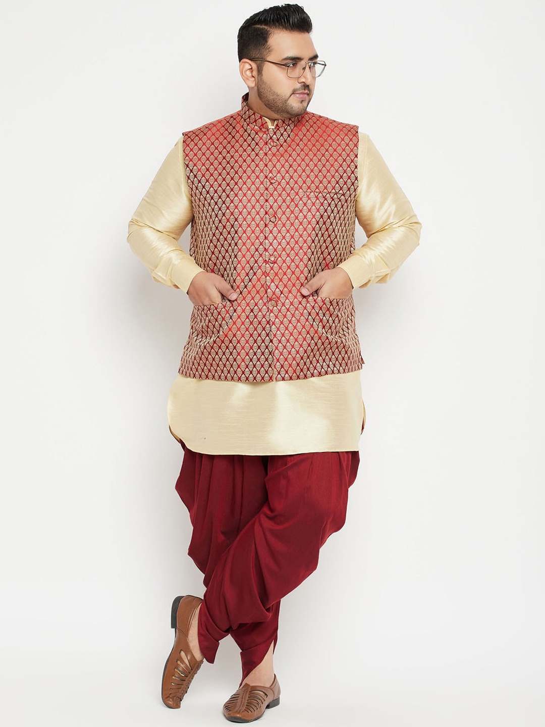 

VASTRAMAY Men Gold-Toned Layered Kurta with Dhoti Pants