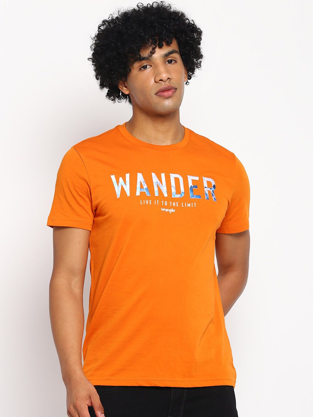 

Wrangler Men Orange & White Typography Printed Raw Edge T-shirt