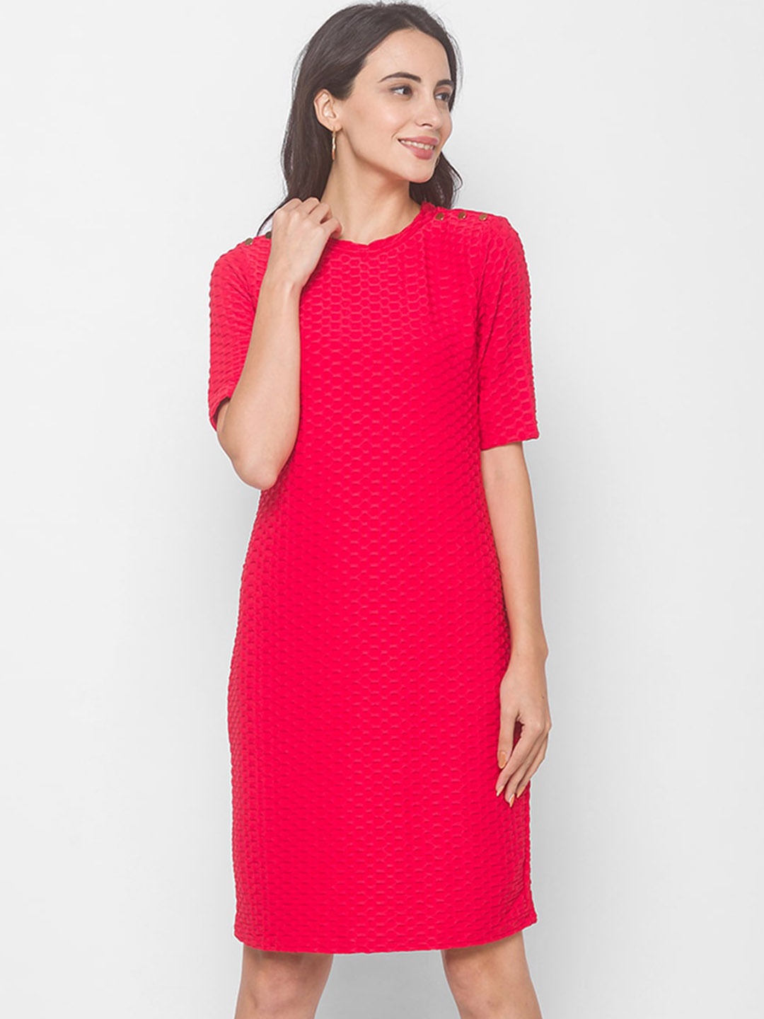 

Globus Women Red Self Design Round Neck Sheath Dress