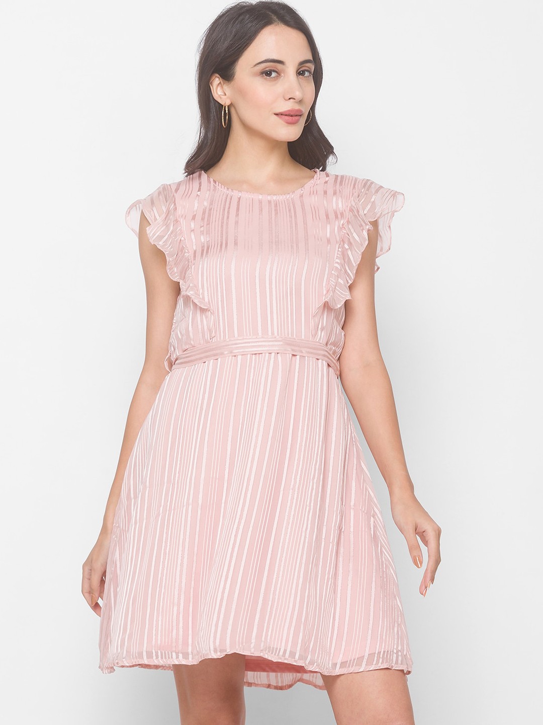 

Globus Women Pink & Silver-Toned Striped Round Neck Fit & Flare Dress