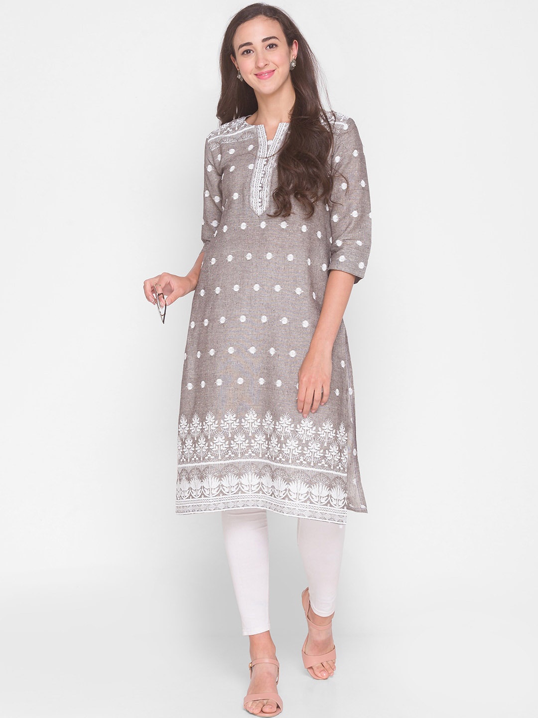 

ZOLA Women Grey Ethnic Motifs Embroidered Lucknowi Chikankari Cotton A-Line Kurta