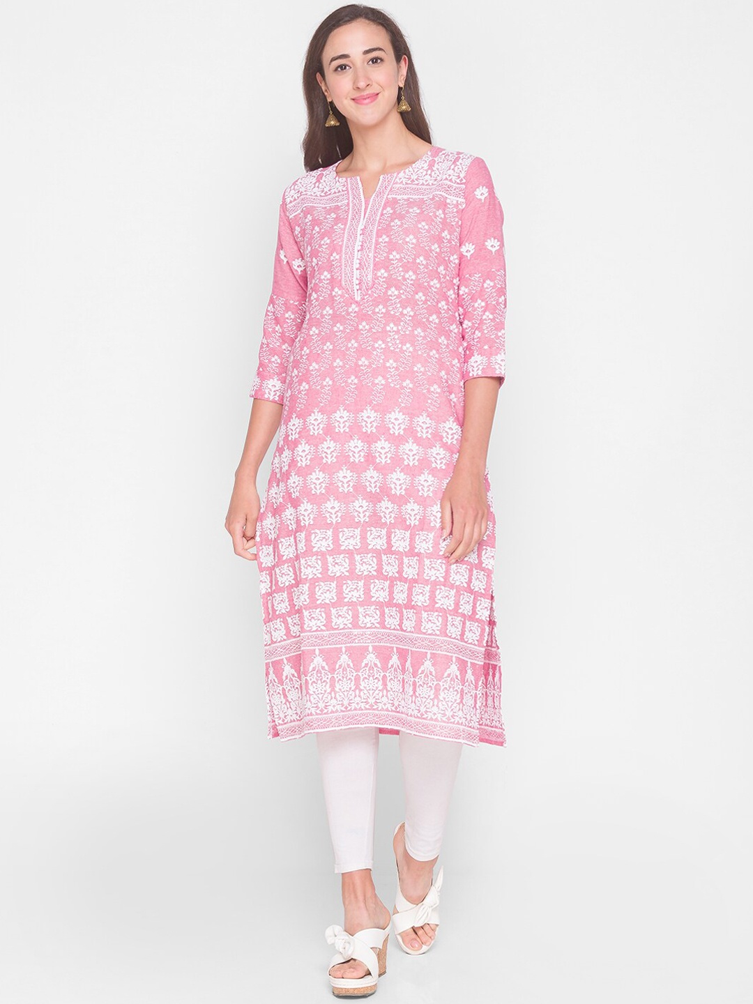 

ZOLA Women Pink & White Ethnic Motifs Embroidered Lucknowi Chikankari Cotton Kurta