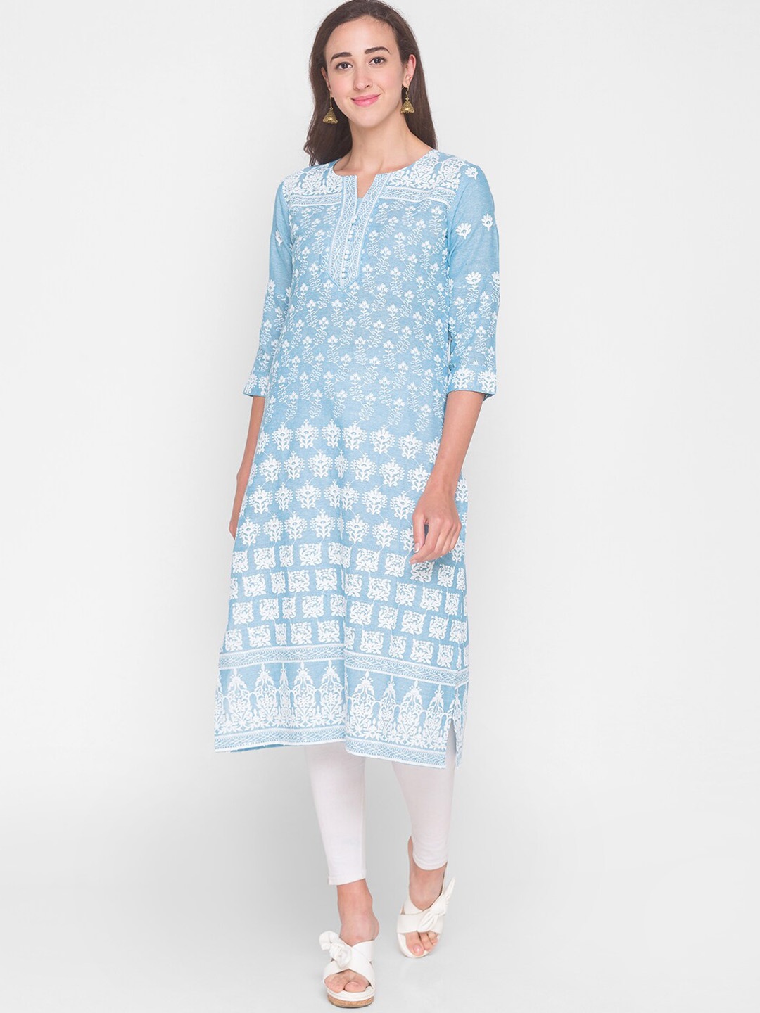 

ZOLA Women Blue & White Ethnic Motifs Embroidered Lucknowi Chikankari Cotton Kurta