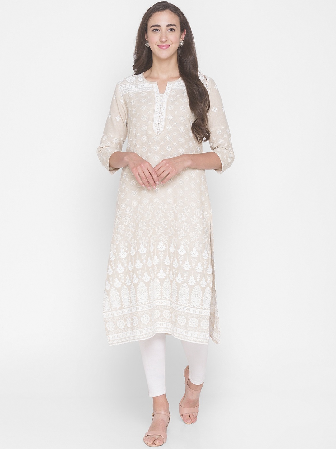 

ZOLA Women Beige & White Ethnic Motifs Embroidered Kurta
