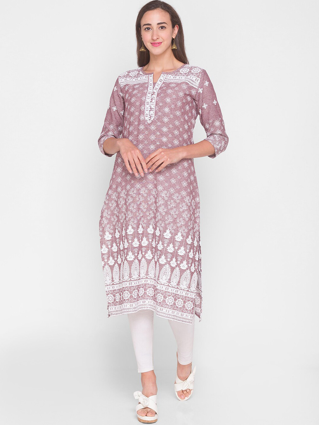 

ZOLA Women Brown & White Ethnic Motifs Embroidered Lucknowi Chikankari Cotton A-Line Kurta
