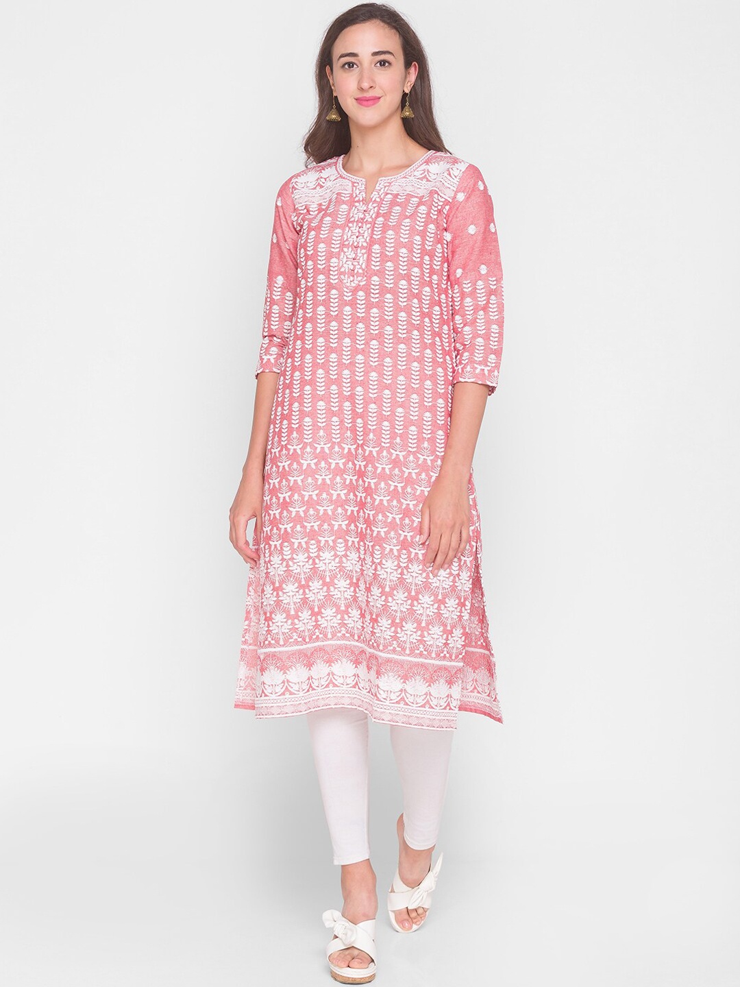 

ZOLA Women Pink & White Ethnic Motifs Embroidered Kurta