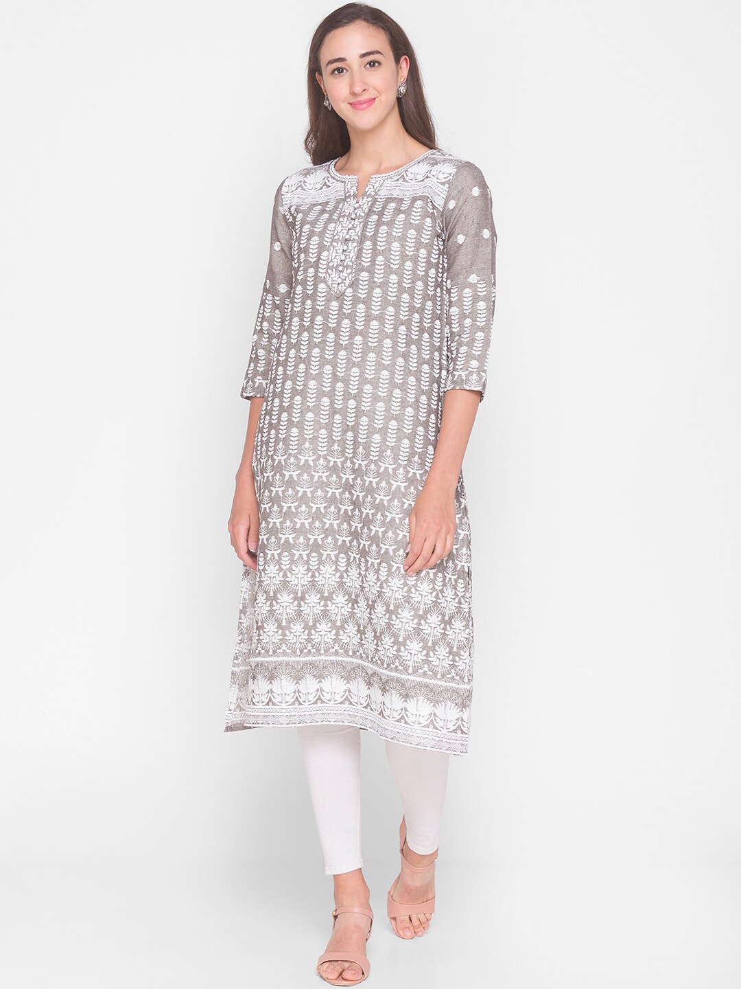 

ZOLA Women Grey & White Ethnic Motifs Embroidered Lucknowi Chikankari Cotton Kurta