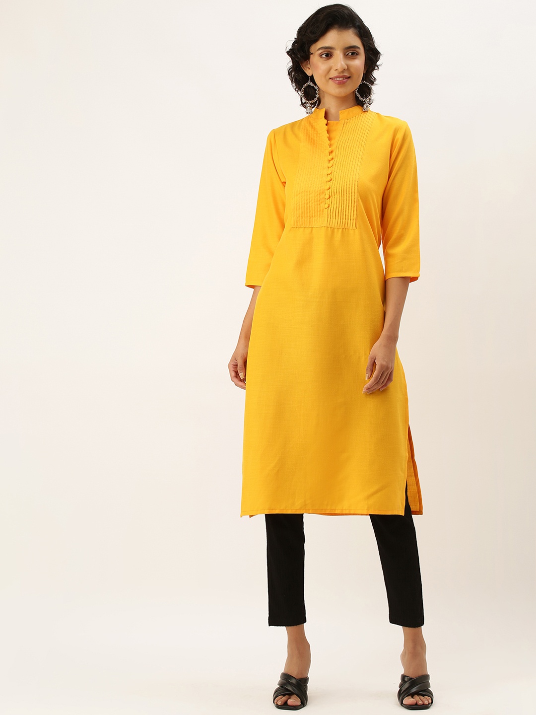 

ZOLA Yoke Design Mandarin Collar Three-Quarter Sleeves Cotton Kurta, Yellow