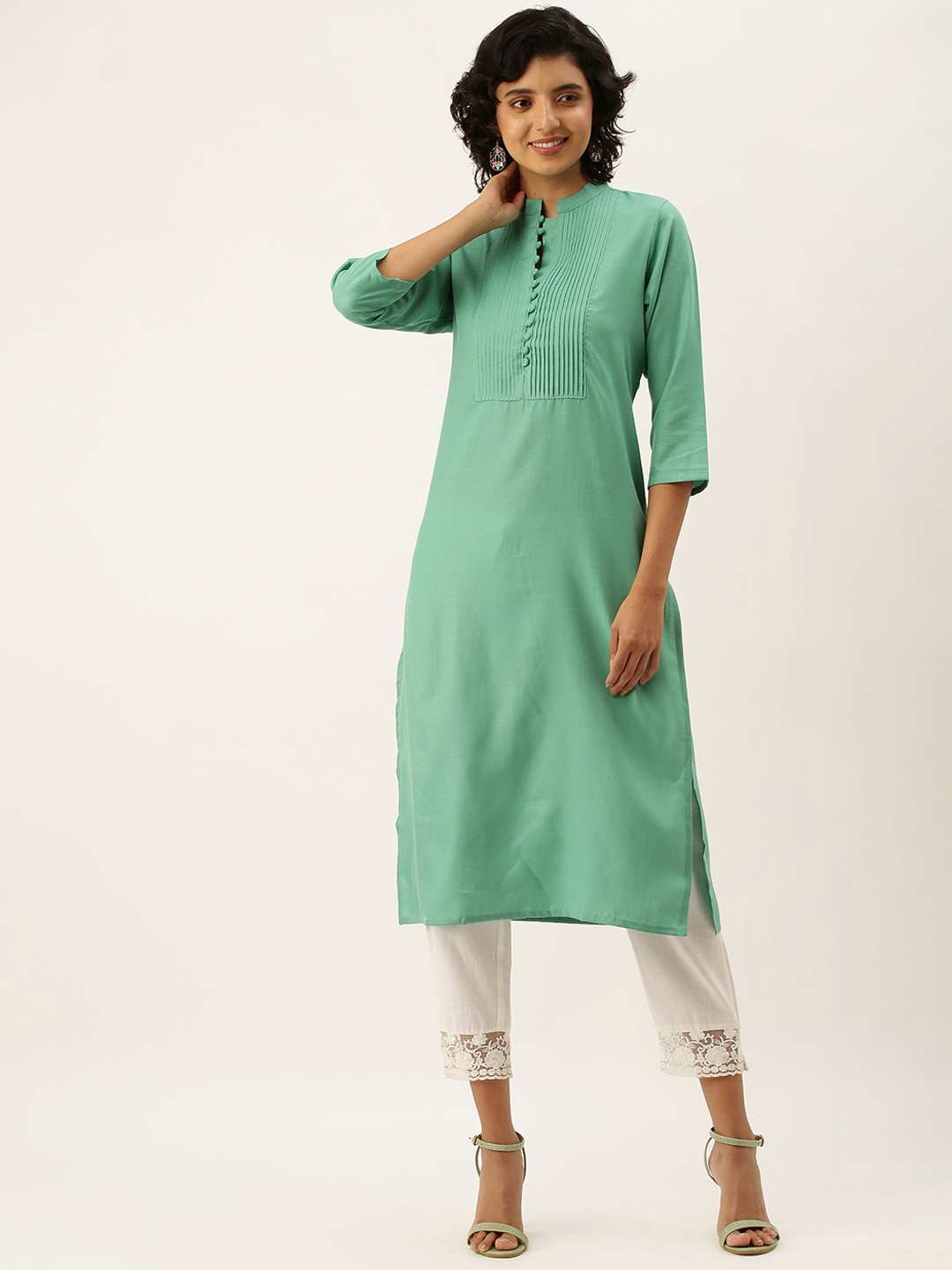 

ZOLA Women Yoke Design Mandarin Collar Three-Quarter Sleeves Cotton Kurta, Turquoise blue