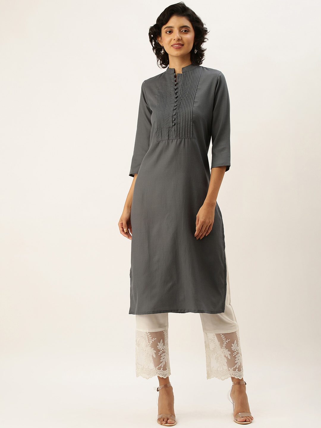 

ZOLA Yoke Design Mandarin Collar Three-Quarter Sleeves Cotton Kurta, Charcoal